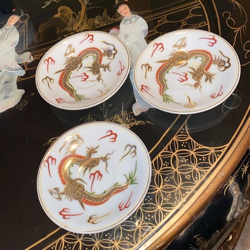 Vintage Hand Painted 3 Kutani Japan Sunray China Saucer 231, Moriage Dragonware